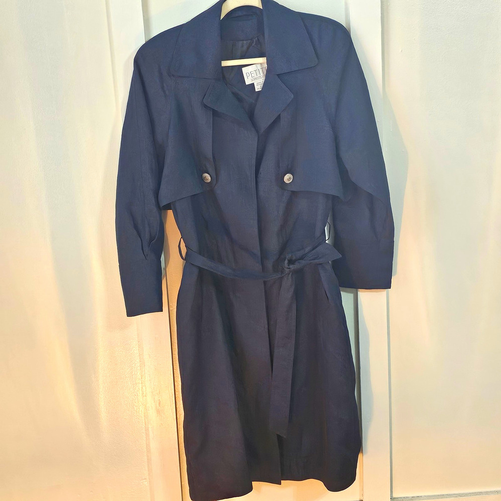 Petite Sophisticate Women's Trench Coat Size 2 Blue Belted Lined Twill Mid